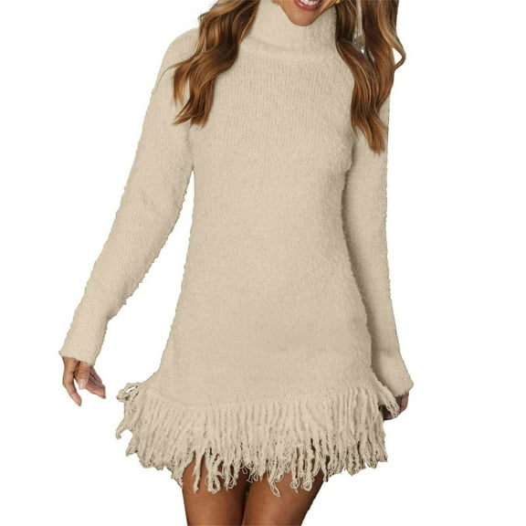 Duoif Sweater Dresses for Women, Womens Long Sleeve Sweater Dress Casual Turtleneck Ribbed Knit Pullover Tassel 2025 Fall Short Dresses Womens Dresses Beige L