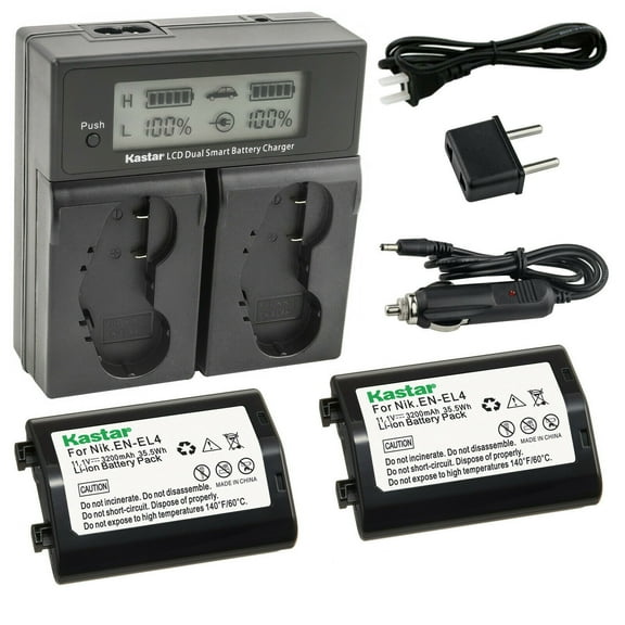 Kastar 2-Pack EN-EL4a Battery and AC LCD Dual Fast Charger Compatible with Nikon EN-EL4, EN-EL4a, EN-EL4e Battery, Nikon MH-21, MH-22 Charger, Nikon Grip MB-D10 D300 D300S D700 MB-40 (W/ BL-3 Chamber)