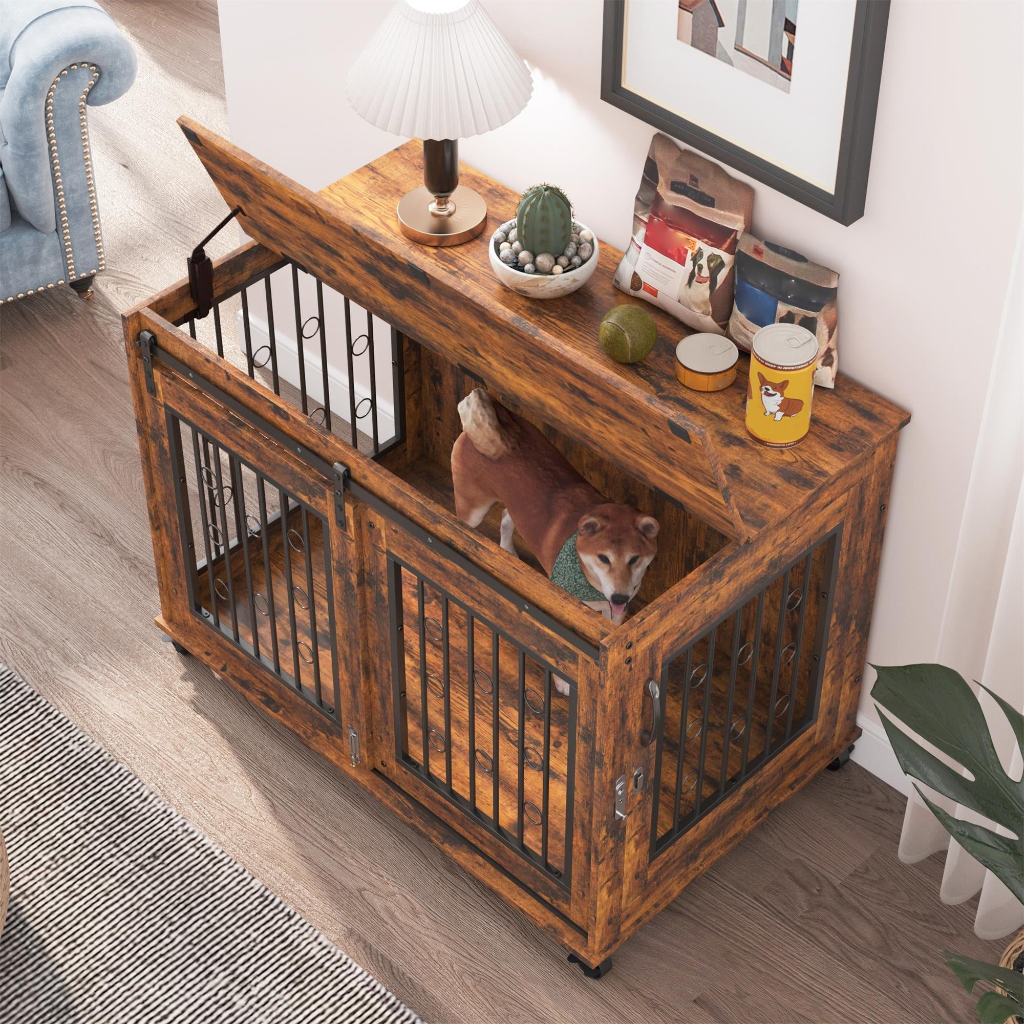 Pefilos 39" Wooden Dog Crate for Medium Dogs Indoor Sliding Door Dog Cage Furniture with Partition for Two Puppies Dog House, Brown Pefilos 39" Wooden Dog Crate for Medium Dogs Indoor Sliding Door Dog Cage Furniture with Partition for Two Puppies Dog House, Brown