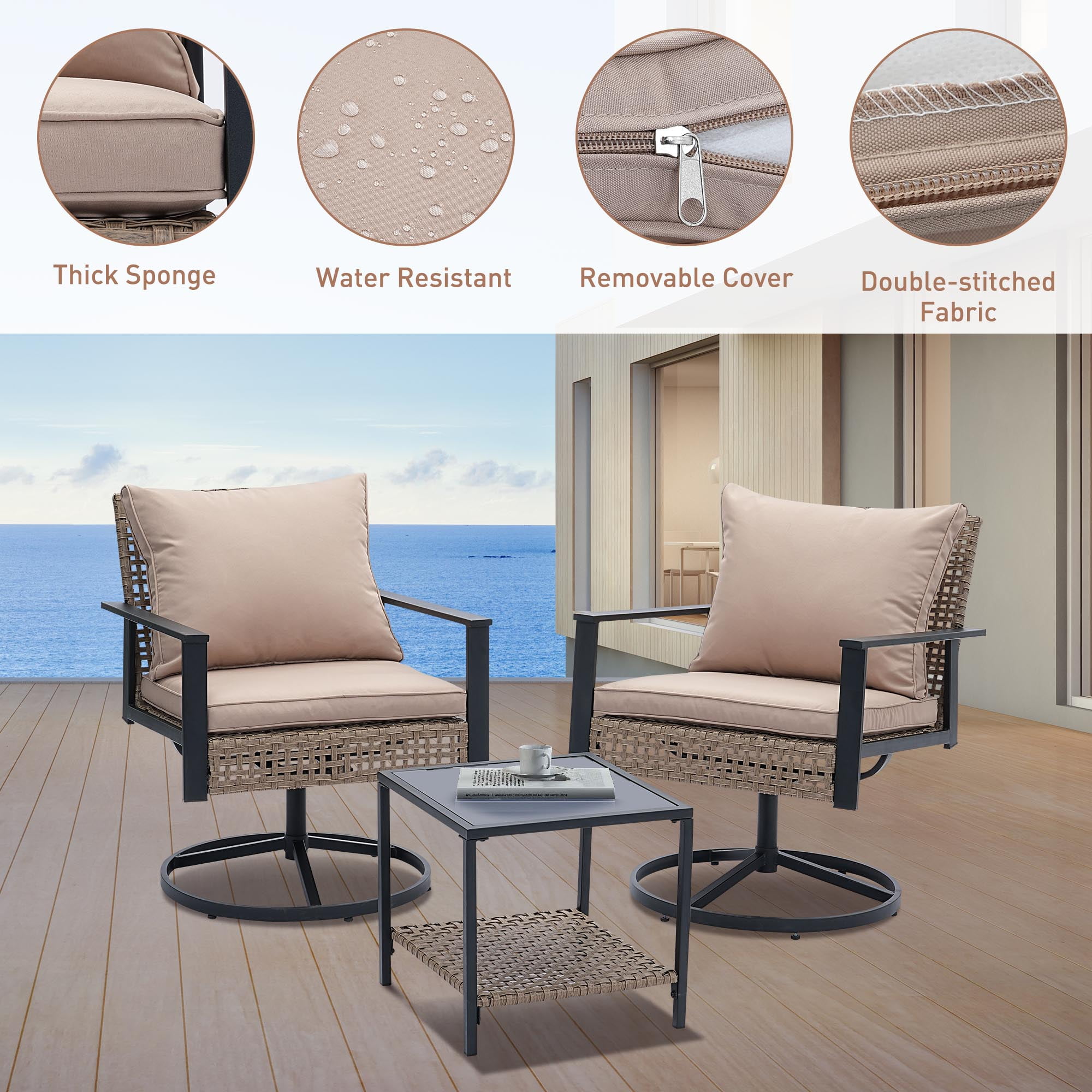 Ainfox Premium Patio Swivel Bistro Set,Wicker Rattan Rocking Chairs w/Glass Top Table & Cushions,Khaki