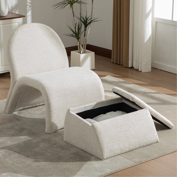 Arouseden 25" Beige Armless Accent Chair with Storage Ottoman,Upholstered Accent Chair,Chenille Fabric Modern Sofa Chairs,Single Sofa Chairs for Living Room