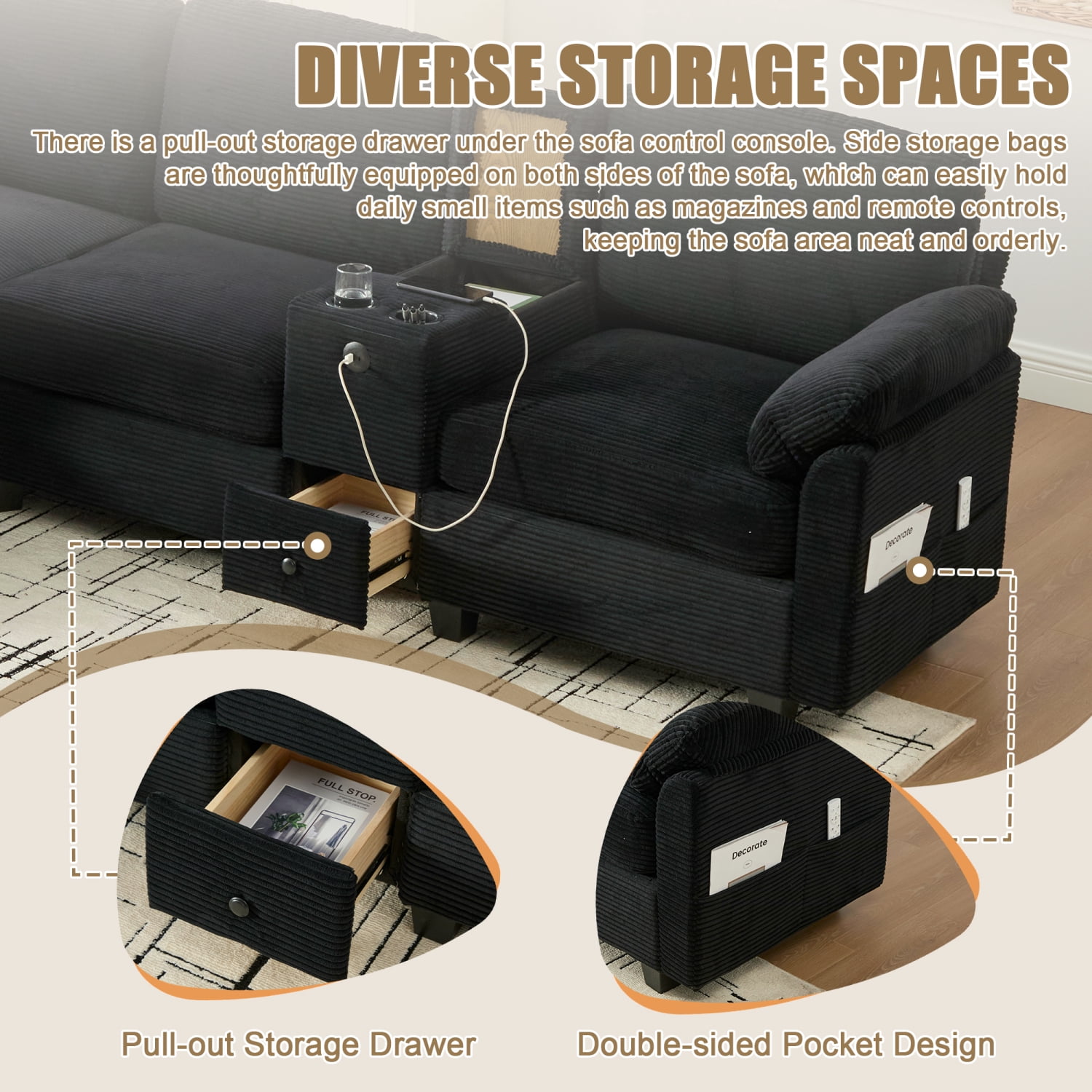 Leumius L-Shaped Sectional Sofa for Living Room,105" Modular 4-Seater Upholstered Sofa Couch with Cup Holder/USB Interface/Storage Box,Black
