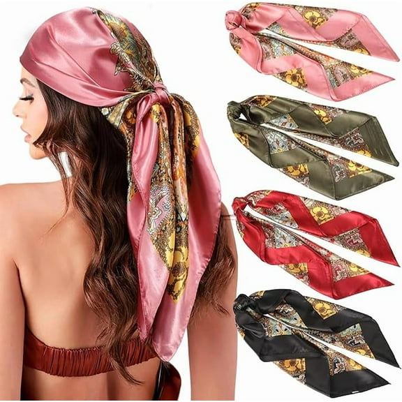 35” Large Square Satin Head Scarf - 4Pcs Satin Hair Scarves Silk Bandana Scarf Headscarf Silk Feeling Scarf for Women