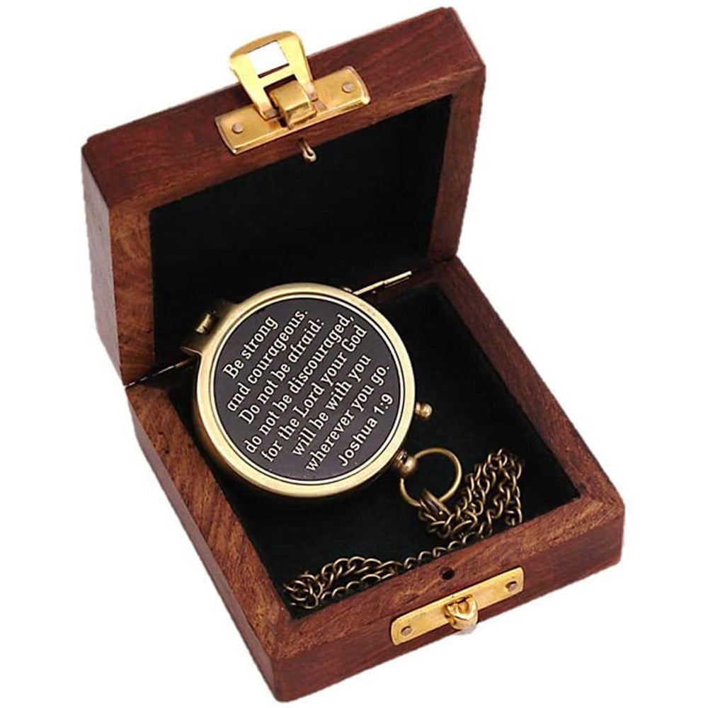 Rii Brand Brass Metal Golden Color Compass Engraved with Wooden Box