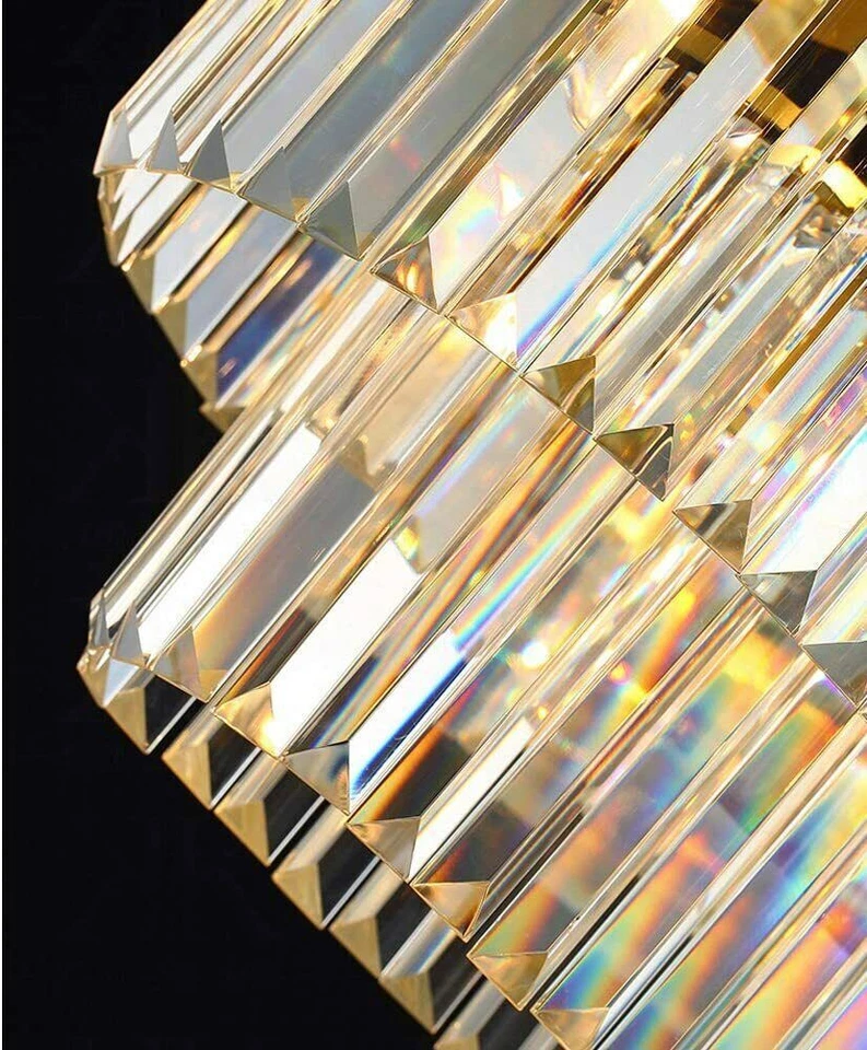 31.5" Round Postmodern Crystal Flush Mount Ceiling Light with Remote - 5-Tier Transparent K9 Prisms & Gold Iron Finish for Living Room/Bedroom