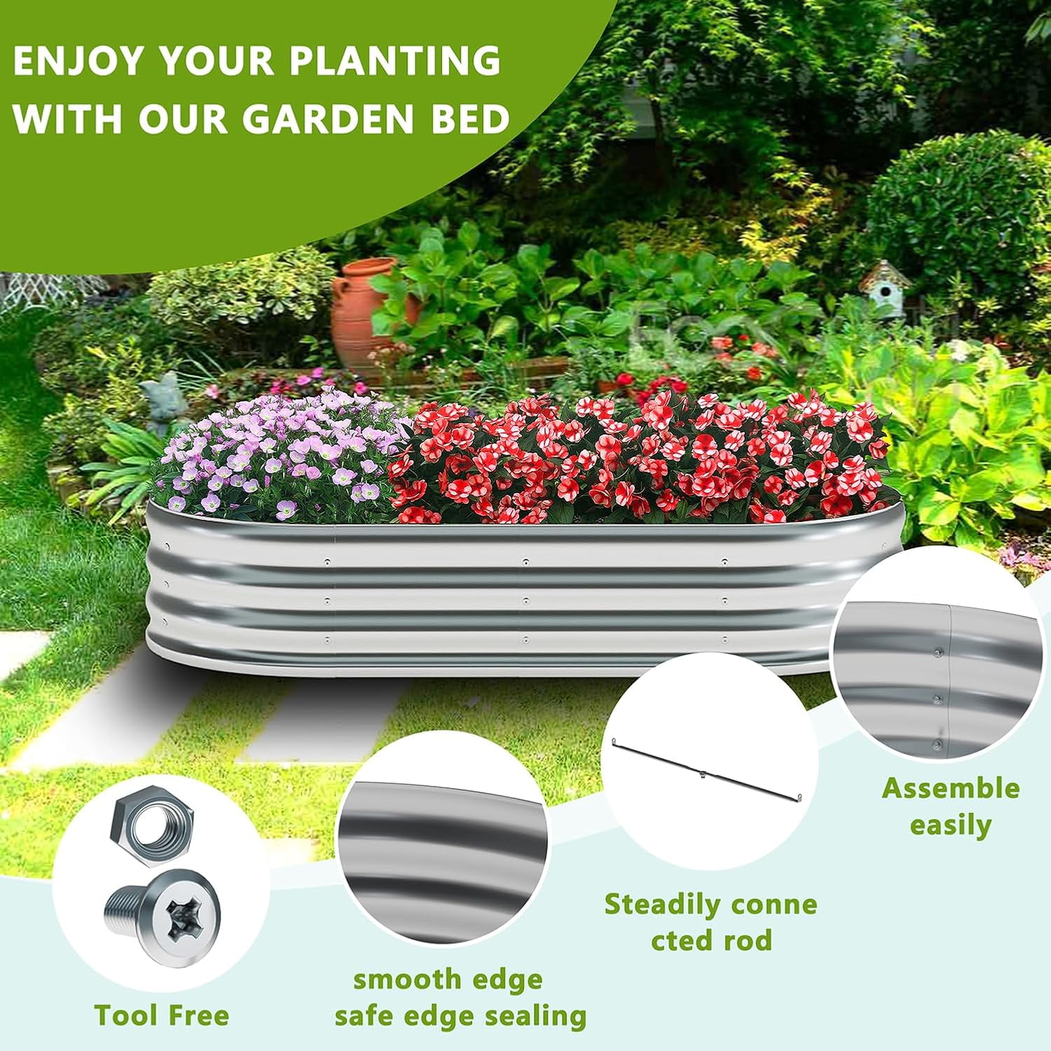 2 Pack Galvanized Raised Garden Bed Metal Oval Raised Garden Beds Outdoor Planter Box for Vegetables (8x2x1FT, Silver)