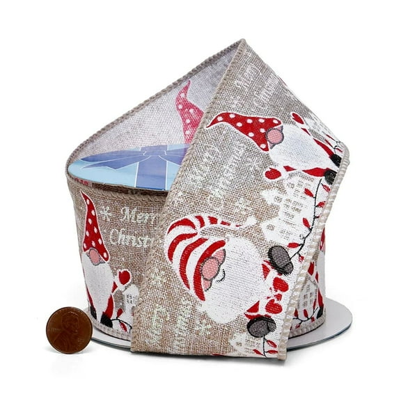 2.5" Wide Santa Gnomes On Light Brown Fabric Wired Ribbon - 10 Yards (56114009)