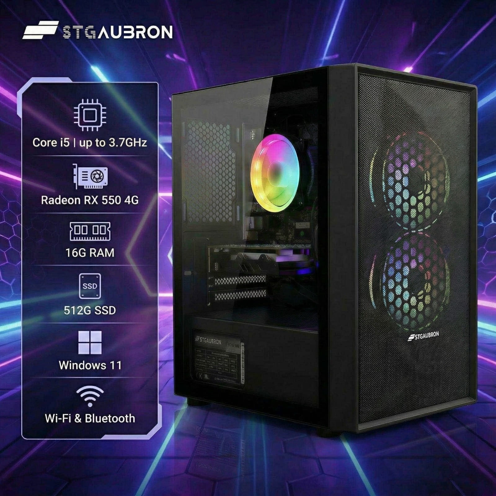 STGAubron Gaming PC Desktop, Intel Core I5 up to 3.7G, RX 550 4G, 16GB RAM, 512GB SSD, WiFi 6, BT 5.0, RGB Fan x 2, Win 11 Home