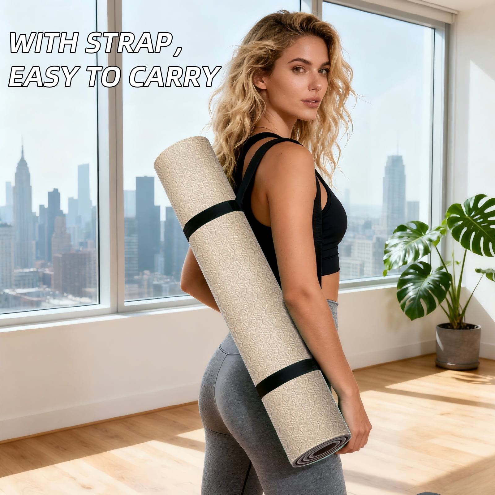 BAIMA Large Yoga Mat Thick Extra Wide and Long ,Roll-up Pilates Mats ,Eco TPE Double-Sided Exercise Pad with Carry Strap(Brown+Apricot)