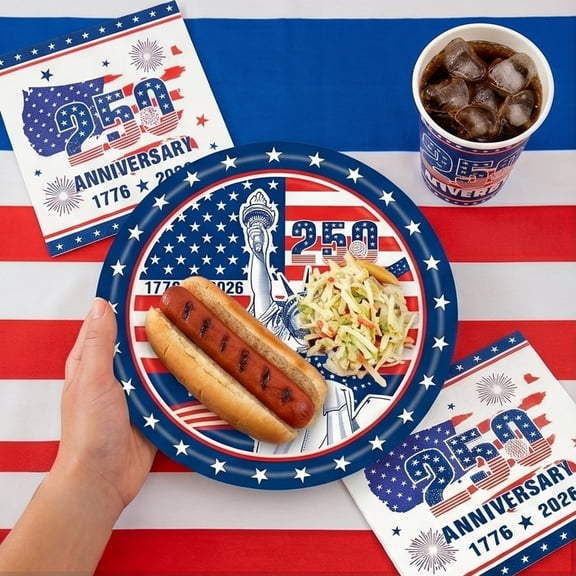 4th of July Party Supplies Patriotic Disposable Paper Plates USA 250th Anniversary Dinner Plates Traditional ed White Blue Food Serving Tray for Independence Day BBQ Picnic Tableware 24Pcs