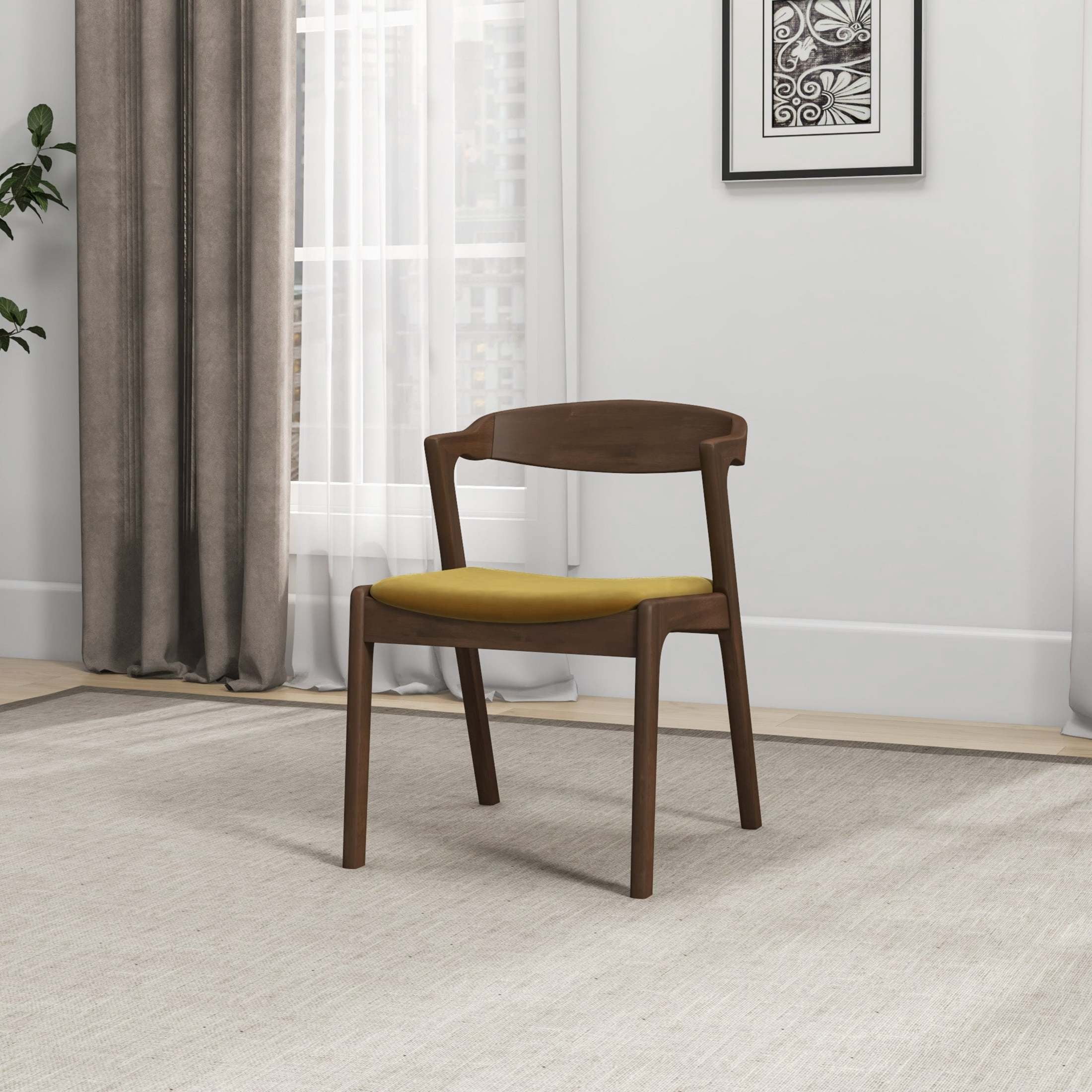 Noble House Nora Dakota Velvet Upholstered Dining Chair Set with Wood Frame, Set of 2, Dark Yellow and Dark Brown