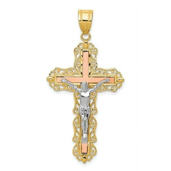 Finest Gold 14K Tri-Color Diamond-Cut Crucifix Pendant