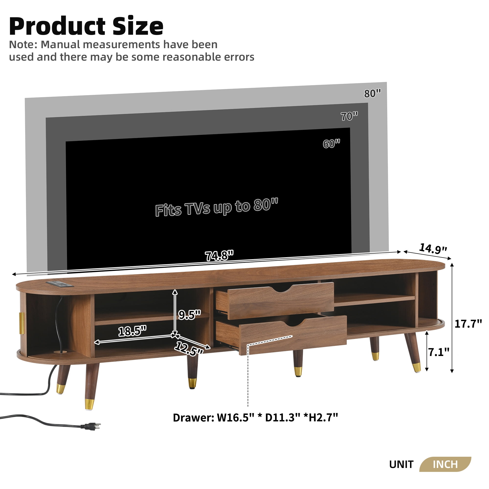 Euroco Mid-Century Modern TV Stand for TVs up to 80", Fluted Sliding Doors, Charging Station with USB & AC Outlets, Adjustable Shelves，Walnut