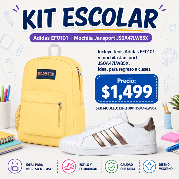 Kit Escolar Adidas EF0101 + Mochila Jansport Cross Town Amarilla JS0A47LW85X