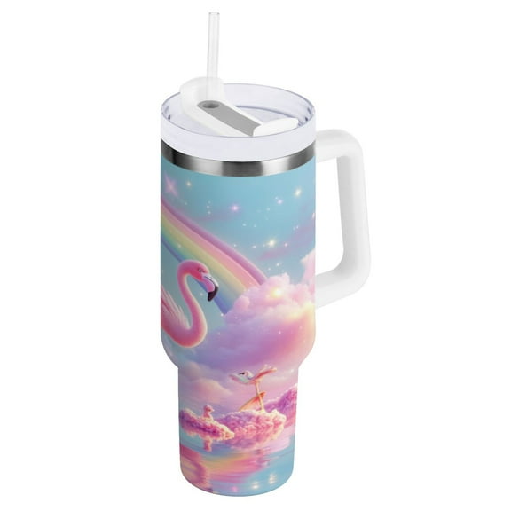 Stainless Steel Tumbler with Straw and Handle, Double Wall Insulated Tumblers, Flamingo in The Water