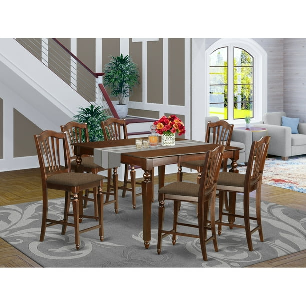 Counter Height Table Set Square Pub And 6 Chairs Finish Mahogany Number Of Items 7 Shape Style Microfiber Seat Com Counter Height Table Set Square Pub, Round Pub Table Seats 6