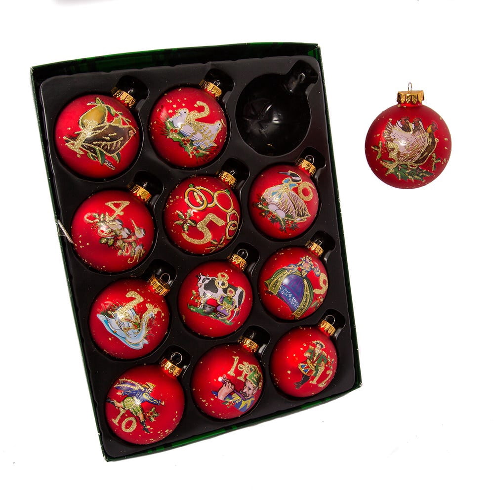 Kurt Adler 12-Piece 12-Days of Christmas Decorative Glass Balls Set, 65mm