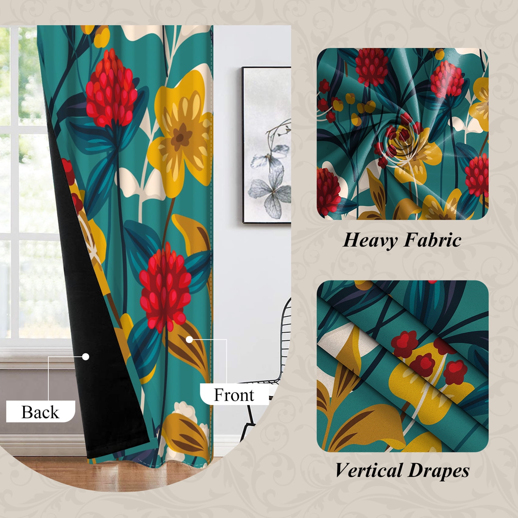 Dashan Boho Floral Blackout Curtains for Living Room,Farmhouse Blue Window Drapes for Bedroom,52x84 Inch,2 Panels