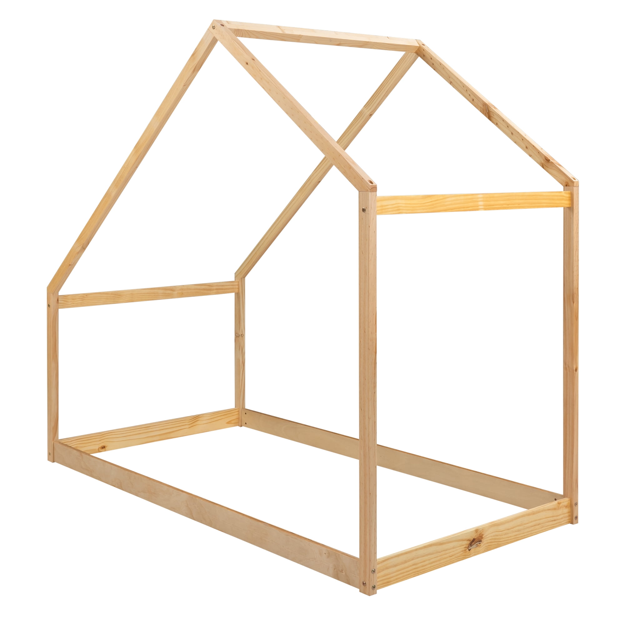 Gewnee Wood House Bed,Twin Size Montessori Wood Bed Frame with Roof for Kids Toddlers,Natural