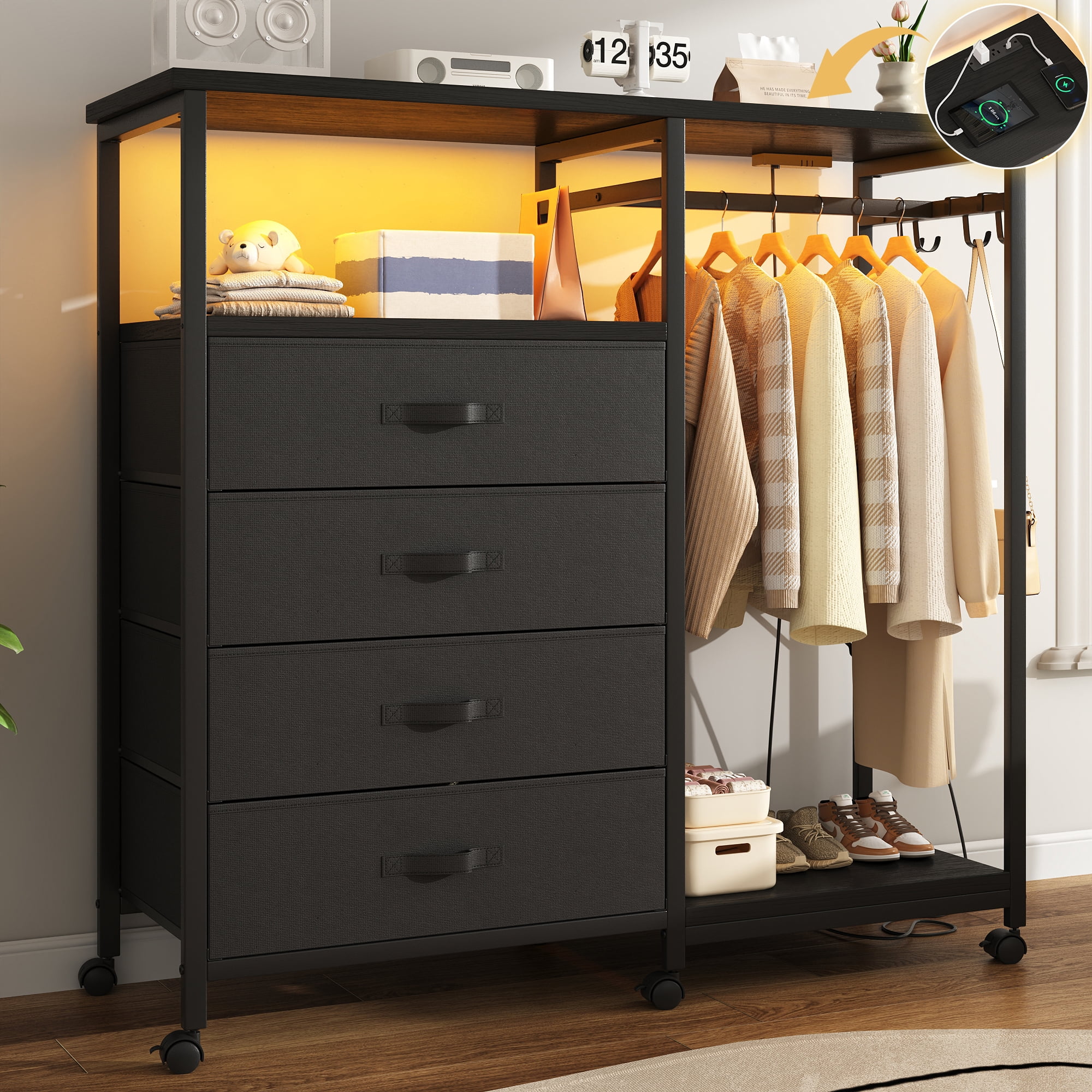 3-in-1 Dresser with Clothes Rack, 4 Drawers, Charging Station, LED Lights, and Wheels, Rustic Brown Storage Chest for Bedroom, Living Room, Hallway（Textured Matte Black）