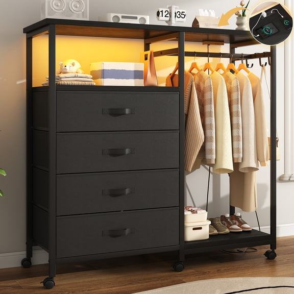3-in-1 Dresser with Clothes Rack, 4 Drawers, Charging Station, LED Lights, and Wheels, Rustic Brown Storage Chest for Bedroom, Living Room, Hallway(Textured Matte Black)