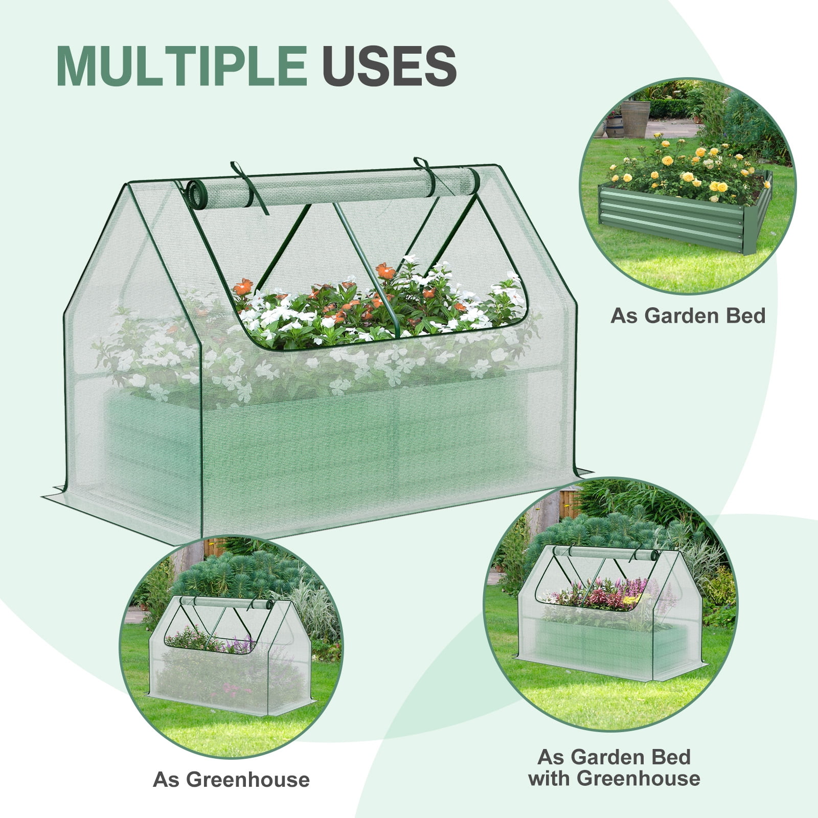 Aoodor Raised Garden Bed Kit, 4x2x3 ft Galvanized Planter Box with PE Cover, Screen Windows for Gardening, White