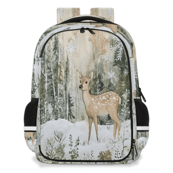 Jiaoprinted Winter Forest Deer Multi-Functional Backpack, Adult Laptop Backpack Casual Daypack for Work Travel Outdoor, Woodland Fawn Snowflakes