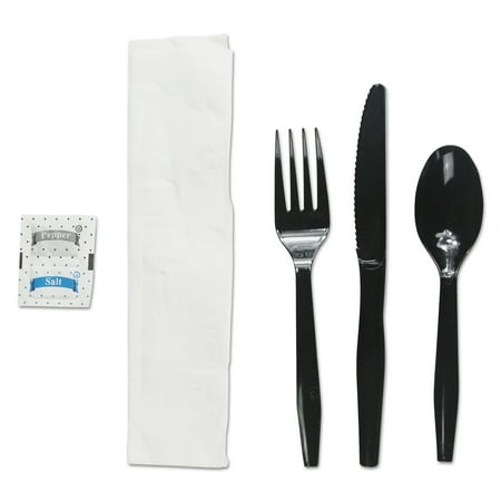 Cautery Kit - Six-Piece Cutlery Kit, Condiment/Fork/Knife/Napkin/Teaspoon, Black, 250/Carton