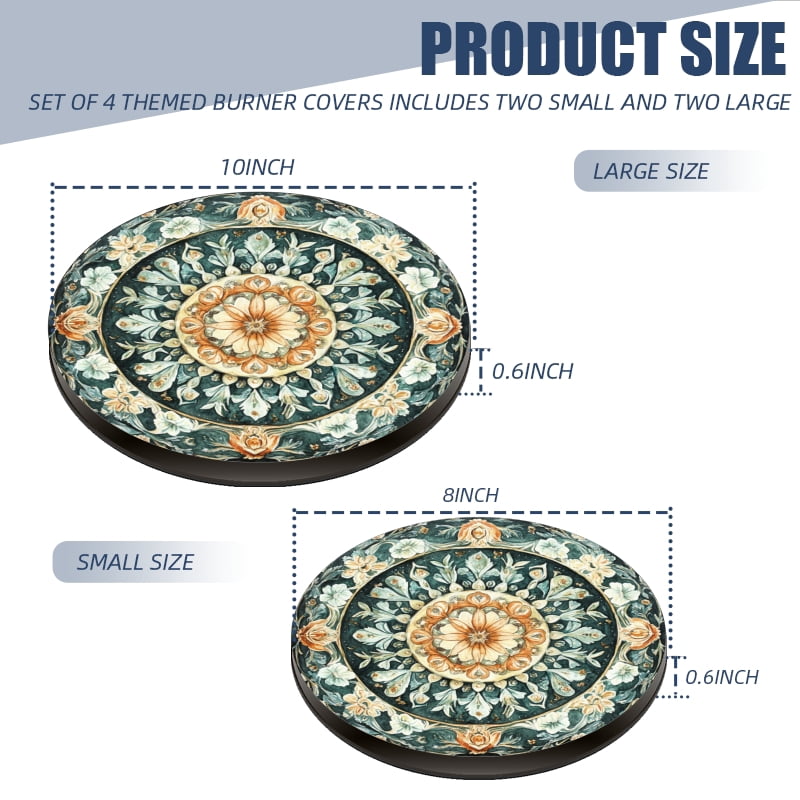 Round Electric Stove Burner Covers, Vintage Boho Intricate Floral Print 4Pcs Top Covers for Electric Stove Burner for Kitchen Decoration, 8 Inches and 10 Inches