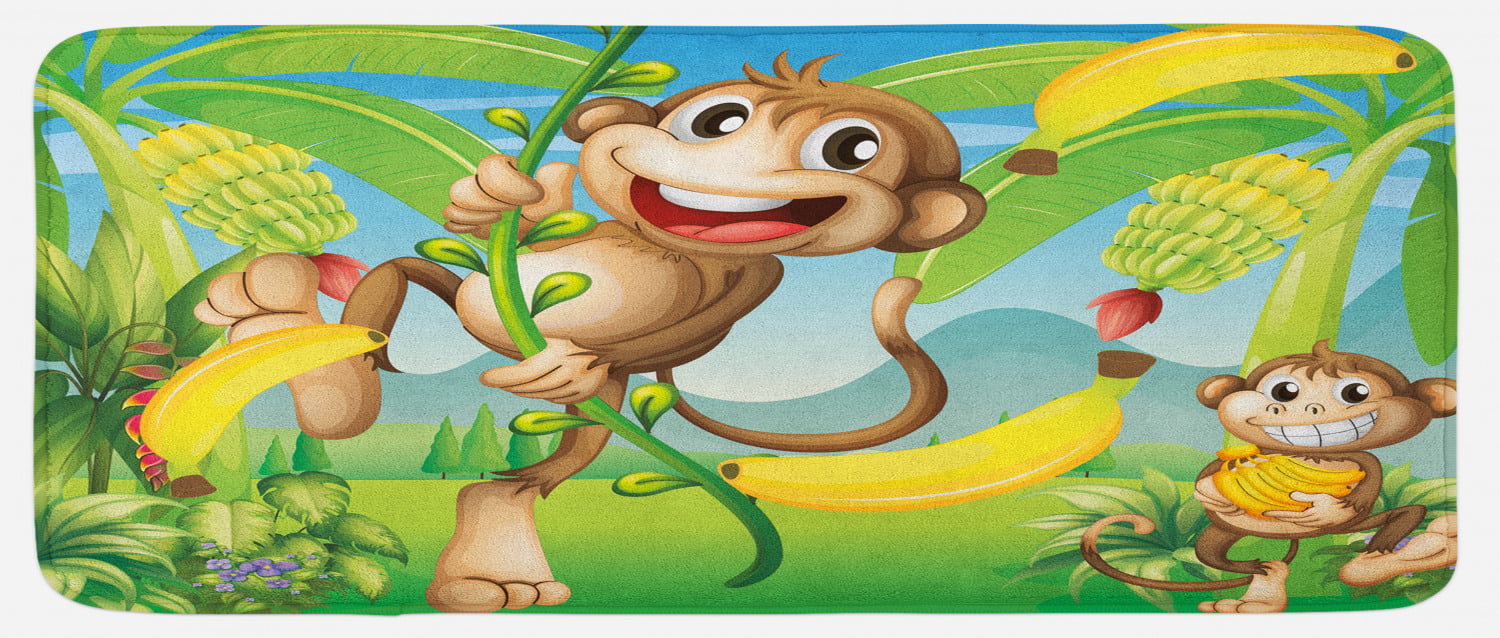 Cartoon Kitchen Mat, 2 Monkeys near the Banana Plant Tropical Nature  Landscape Vine Funny Animals Apes, Plush Decorative Kitchen Mat with Non  Slip Backing, 47