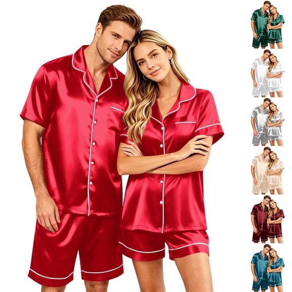Hkoxplj Couple Matching Pajamas Sets Silk Short Sleeve Button Down Sleepwear Satin Pjs Shorts Set Soft Loungewear