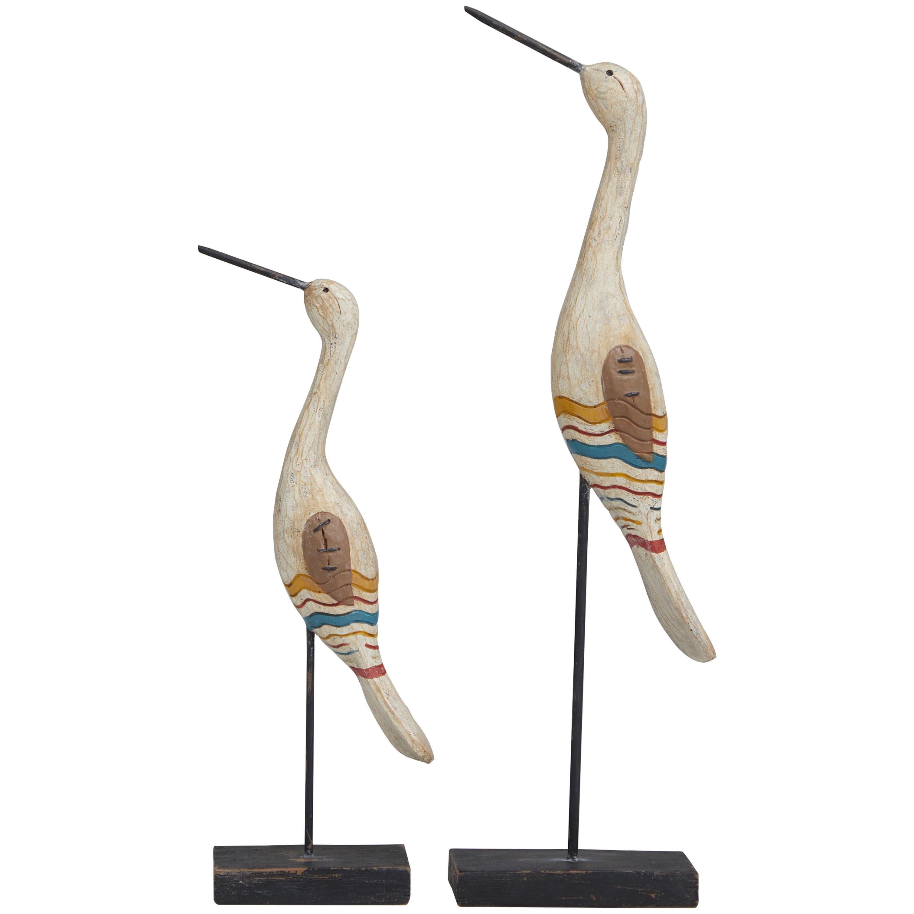 17", 12"H Cream Polystone Handmade Distressed Carved Bird Sculpture with Colorful Patterns and Black Stand, by DecMode (2 Count)