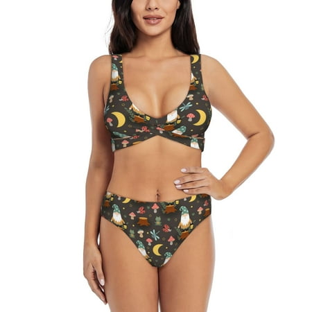Zeuib Gnome Insect Frog High Waisted Tummy Control Bikini Set - Knot Front Push Up Top & Cheeky Thong Bottom  Two-Piece Swimsuit for Women-Large