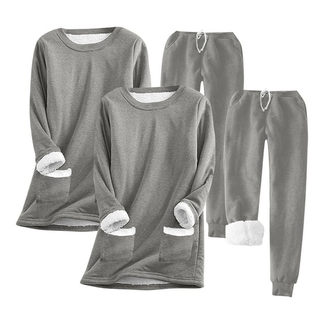 Puntoco 2 Piezas De Mujer De Color Sólido Cuello Redondo Bolsillo De Terciopelo Grueso Cálido top De Manga Larga + Pantalones De Terciopelo Traje Gris M