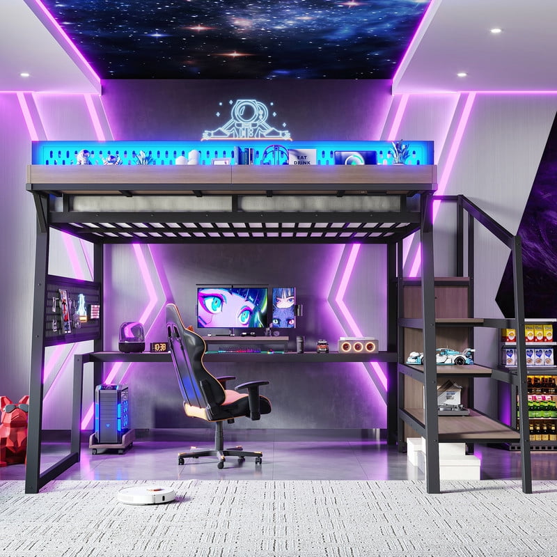 Queen Size Teens Loft Bed with Storage Stairs & Wardrobe, Metal Gaming Bed Frame with Pegboard, LED Lights & Power Outlet