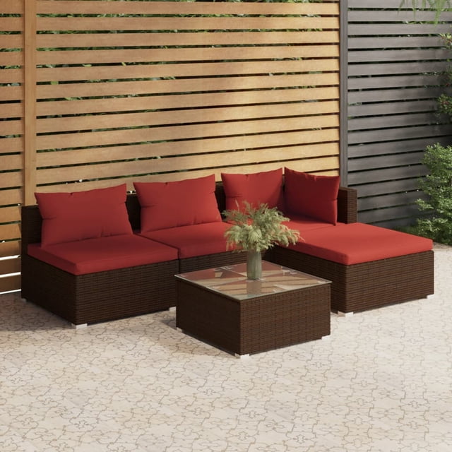 vidaXL Ensemble de Salon de Jardin 5 Pcs avec Coussins Rotin Poly Brun