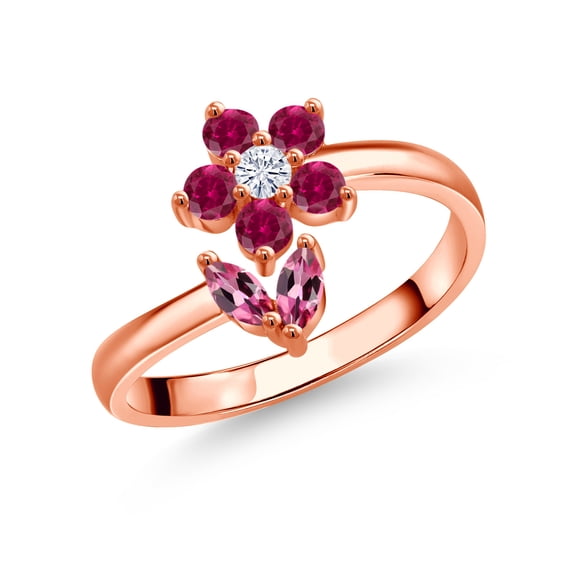 Gem Stone King 18K Rose Gold Plated Silver Pink Tourmaline Red Created Ruby and White Moissanite Flower Open Ring for Women (0.51 Cttw, Gemstone October Birthstone, Size 5)