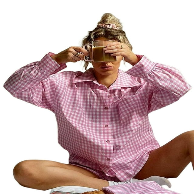 Ensemble Décontracté 2 Pcs pour Femmes, Chemise à Manches Longues Boutonnée et Shorts Élastiques