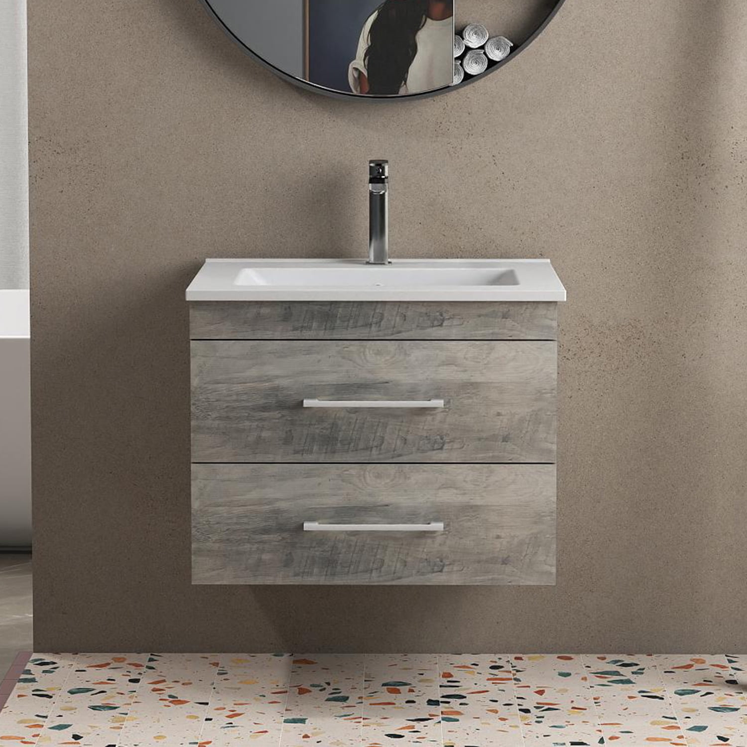 Demi Bonn 24" Wood Grain Wall-Mounted Bathroom Vanity with Ceramic Sink and 2 Soft-Close Drawers, Faucets and Drains Not Included, Gray