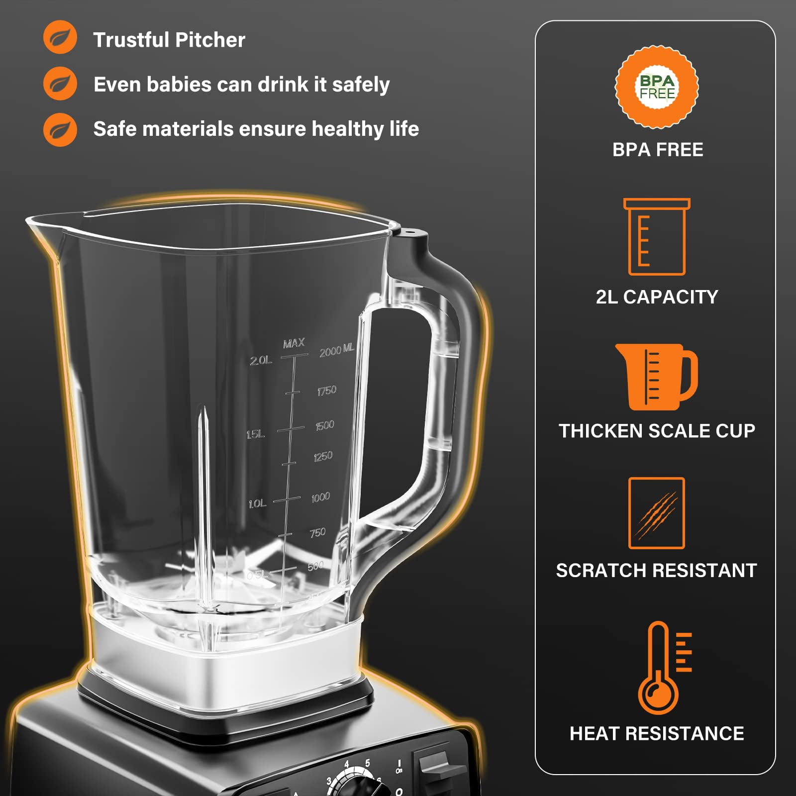 Kisdream Smoothie Blender 1450 W 2L 8-Speed Blender, Black