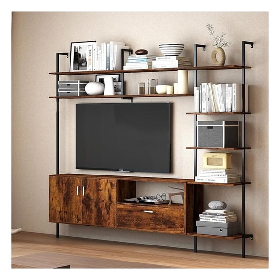 85.8" Wall Unit TV Stand for 55 60 Inch TV, Industrial Entertainment Center with Bookshelves and Adjustable Shelves, TV Console with Storage for Living Room, Rustic Brown