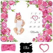 Floral Baby Girl Monthly Milestone Blanket by KEMINA BLANKETS, Includes Heart Frame Marker, Measuring 50x40 Inches, Pink Floral Design for Documenting Monthly Growth