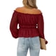 thumbnail image 3 of Blusa de mujer con hombros descubiertos, manga larga con volantes y burbujas, camiseta informal de poliéster a la moda para vacaciones al aire libre, 3 of 5