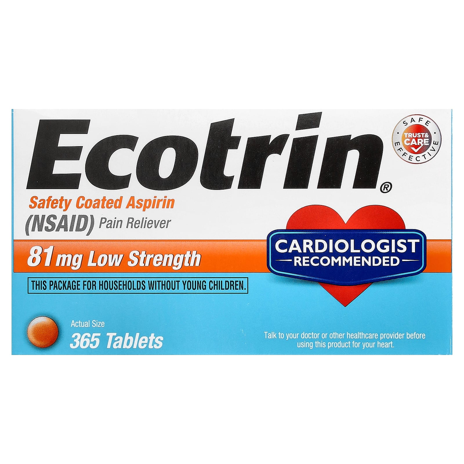 Ecotrin Low Strength Safety Coated Aspirin, NSAID, 81mg, 365 Tablets