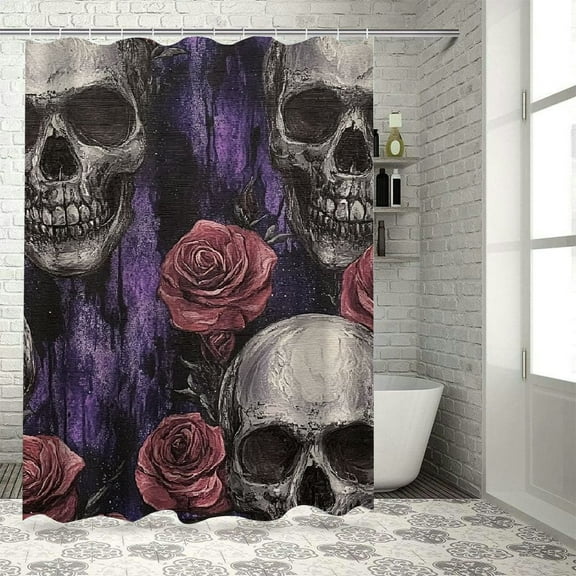 BCIIG Skulls Roses Gothic Art Bathroom Decoration Set, Colorful Luxury Graphic Printed Polyester Cloth Shower Curtain with Hooks 36"x72
