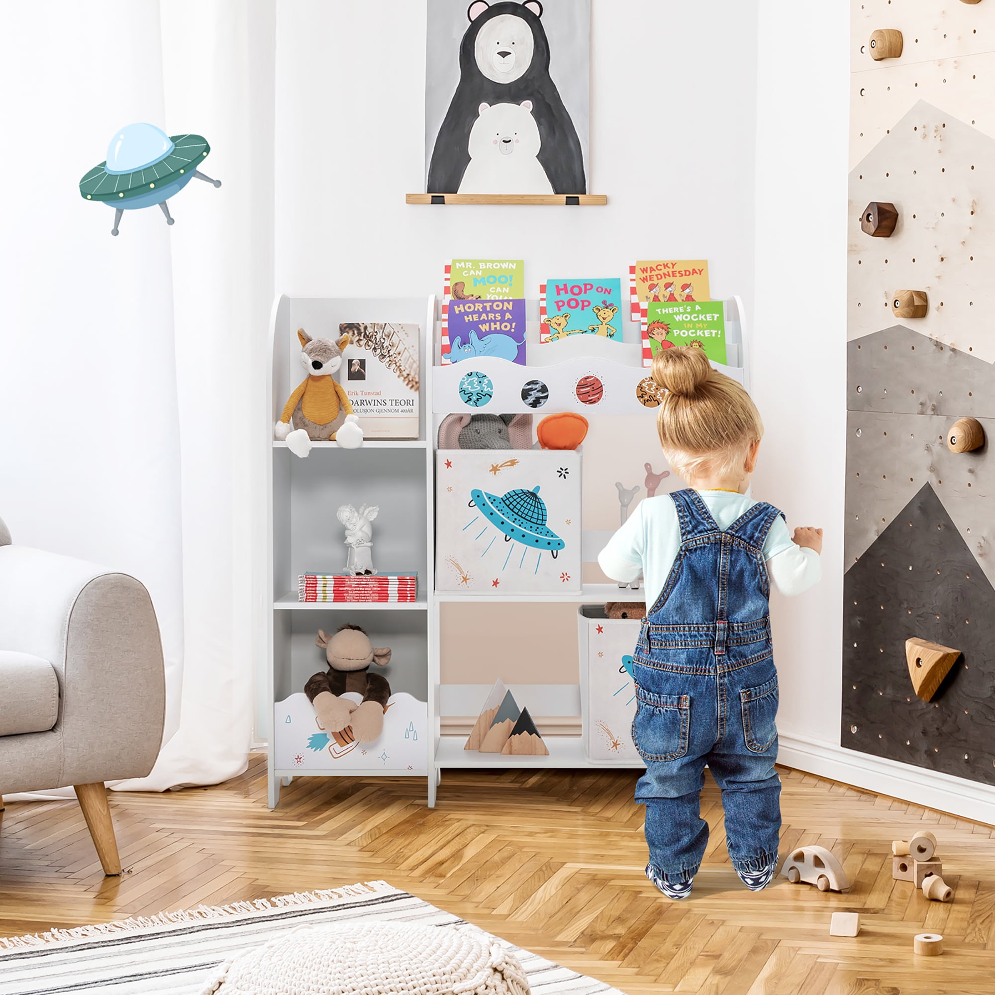 Costway Kids Toy and Book Organizer Children Wooden Storage Cabinet w/ Storage Bins