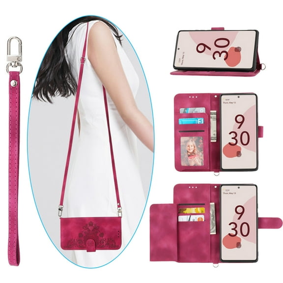 Nalacover Case for Google Pixel 6 Pro, PU Leather Wallet Phone Crossbody Flip Case with Credit Card Holder and Shoulder Wrist Strap Magnetic Stand Shockproof Cover For Google Pixel 6 Pro, Winered