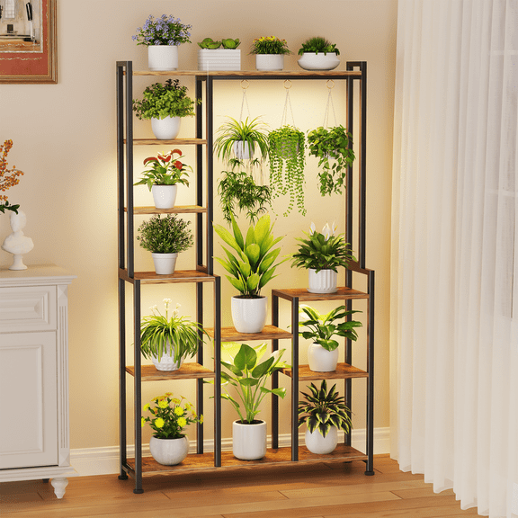 C2 Plant Stand Indoor with Grow Lights, Indoor Tiered Metal Plant Stand 70.87" Tall Plant Shelf with Hooks for Hanging, Plant Holder Display Shelves for Patio, Garden, Outdoor