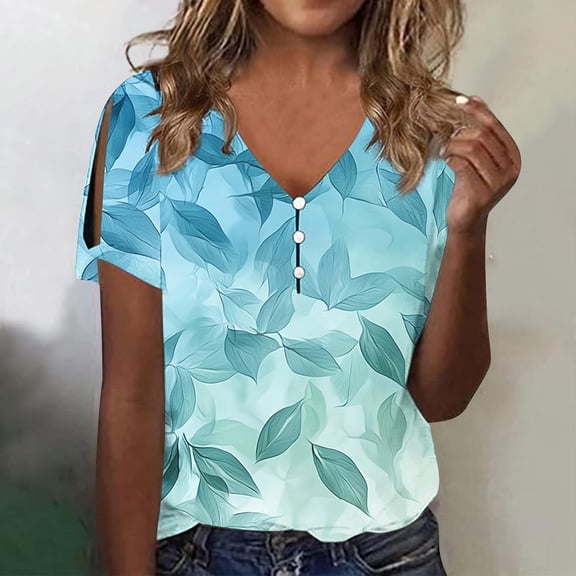 Xuyuer Short Sleeve Floral Tops for Women Summer Flower Printed V Neck Tshirts Button Down Tops Dressy Casual Business Dressy Work Blouses Hawaiian Floral Print Casual Blouse Tops