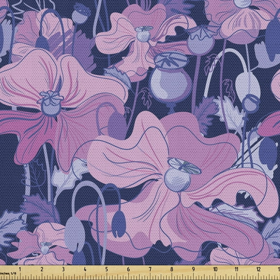 Ambesonne Floral Fabric by the Yard Upholstery, Poppies Cartoon Simplistic, 1 Yard, Pale Purple and Ceil Blue